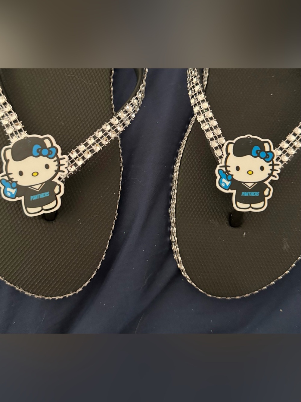 Hello Kitty Black Flip Flops with Blue Accents and Rhinestone Straps